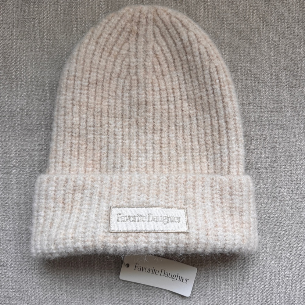 NWT Favorite Daughter Logo Patch Rib Beanie Ivory MSRP $68 Poly Nylon Wool Blend